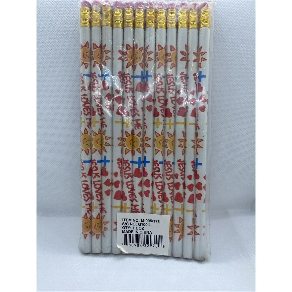 New Vintage 12ct Jesus Loves Me Wood Pencils Christian Religious Party Favors